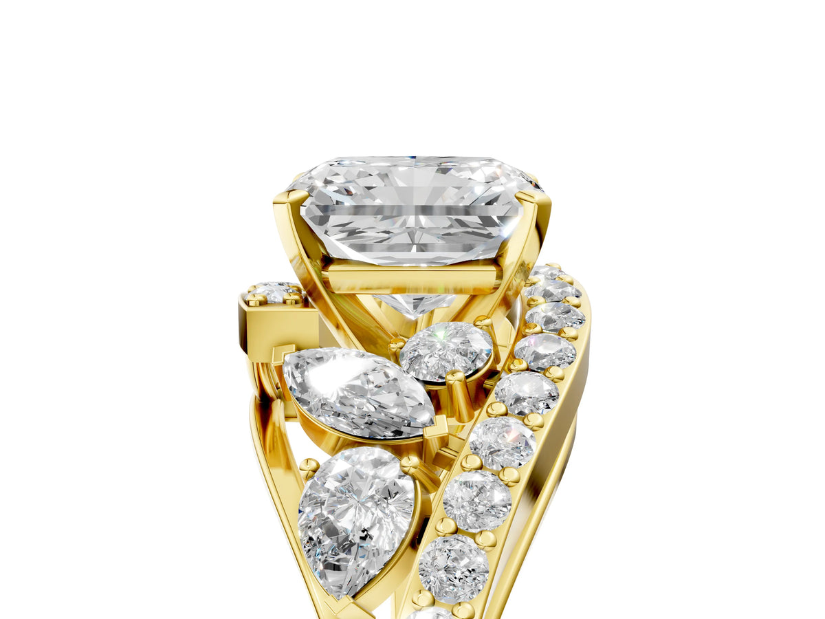 Yellow gold Radiant Cut Diamond Halo Ring with Marquise and Pavé Band in Prong Setting_5