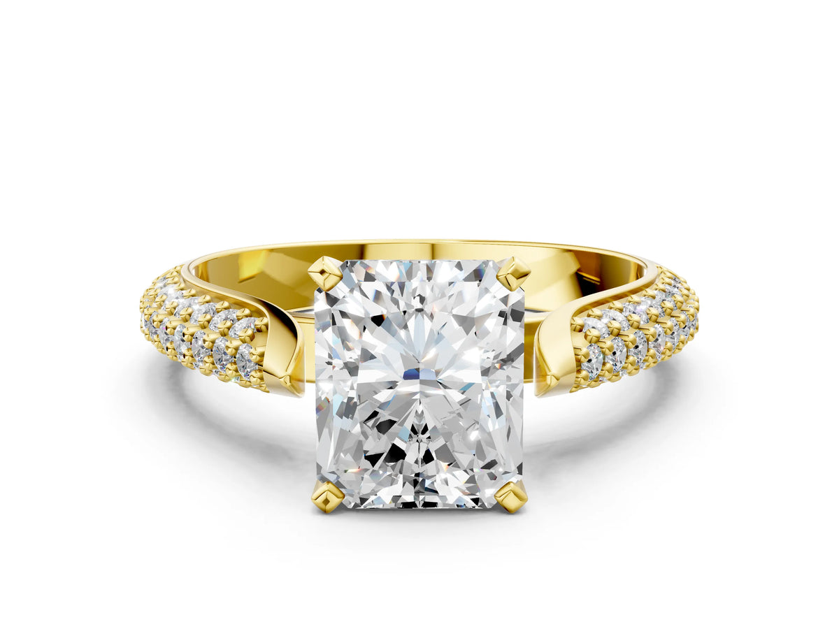 Yellow gold Radiant Cut Diamond Solitaire Engagement Ring with Multi-Row Round Pavé Band and Prong Setting