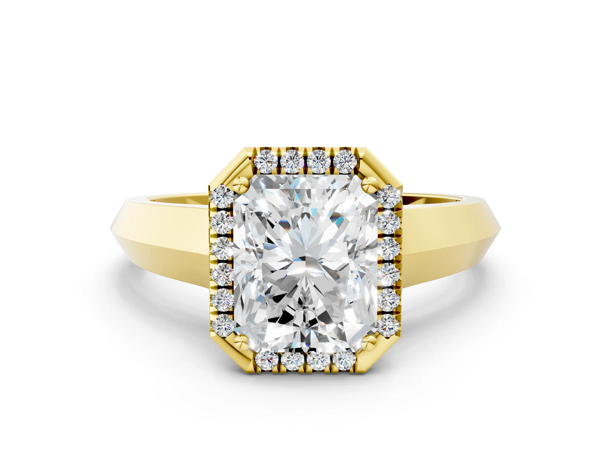 Yellow gold Radiant Cut Halo Diamond Ring with Cathedral Band and Four-Prong Setting