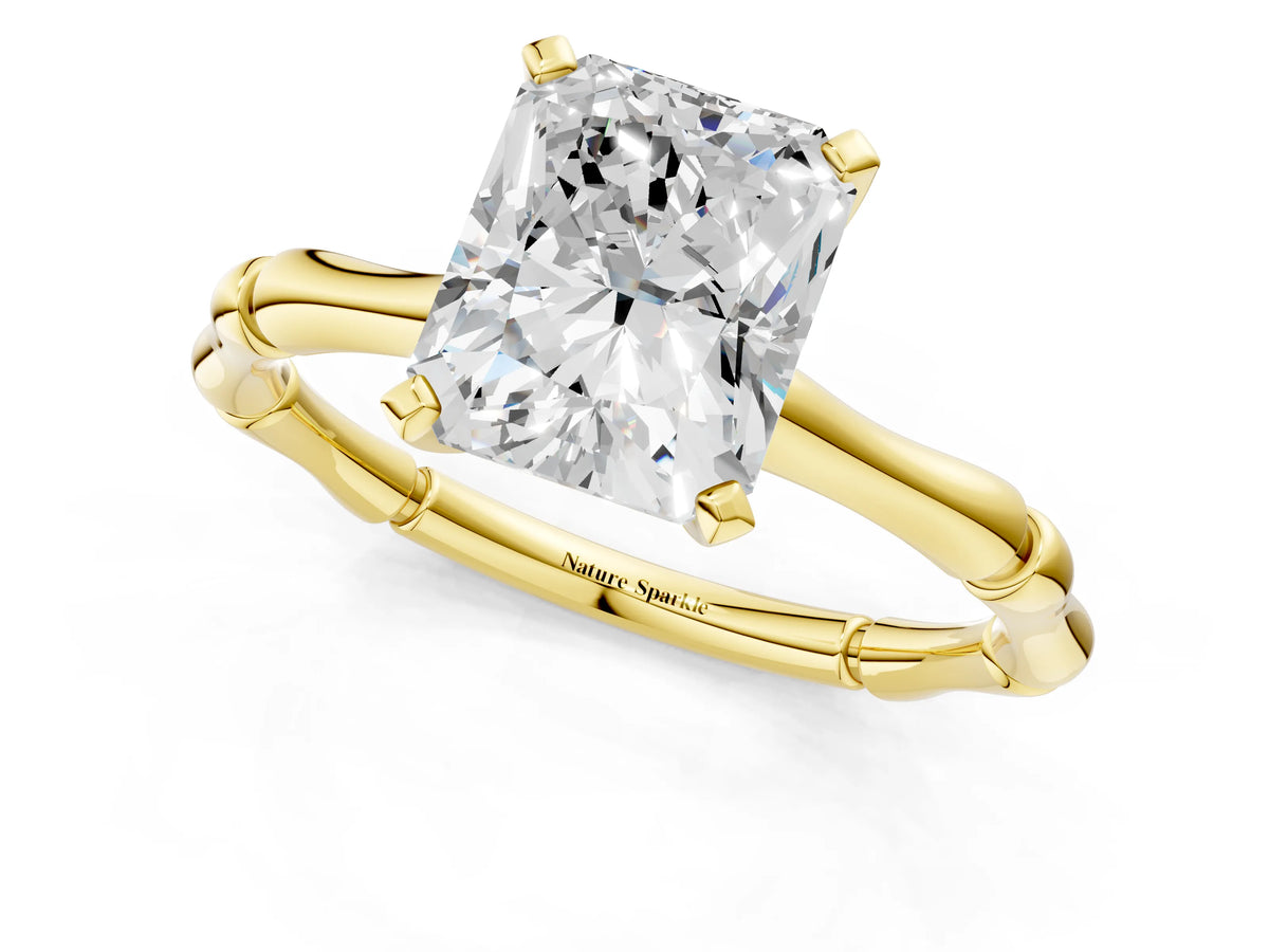 Yellow gold Radiant Cut Solitaire Diamond Ring with Bamboo Band and Four-Prong Setting_1
