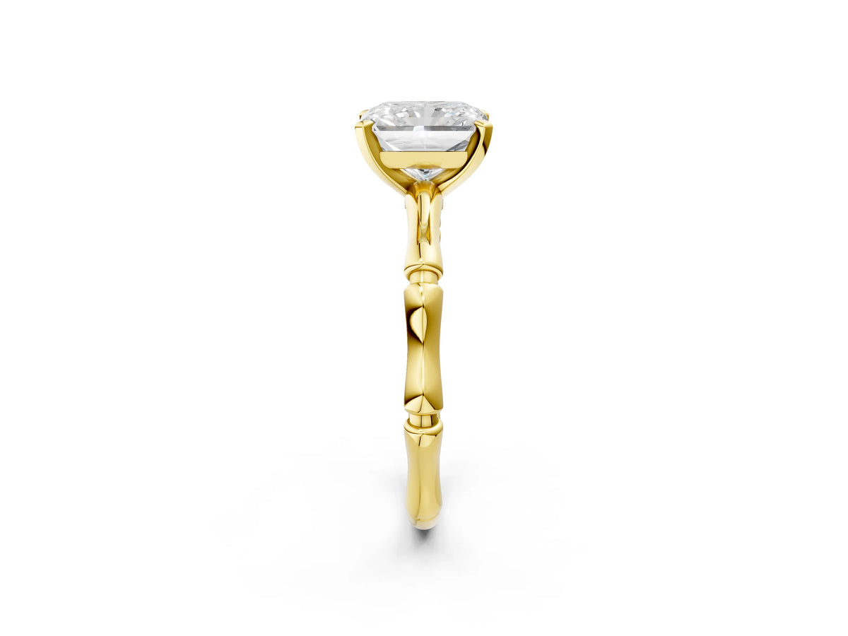 Yellow gold Radiant Cut Solitaire Diamond Ring with Bamboo Band and Four-Prong Setting_2