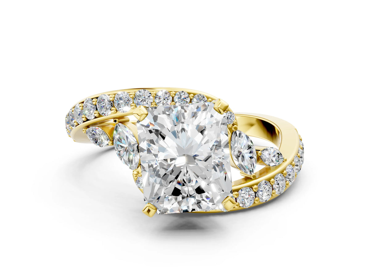 Yellow gold Radiant Cut Solitaire with Pavé Twist Band and Four-Prong Setting