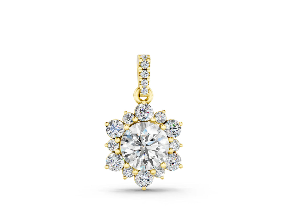 Yellow gold Round Brilliant Cluster Diamond Pendant with Prong Setting