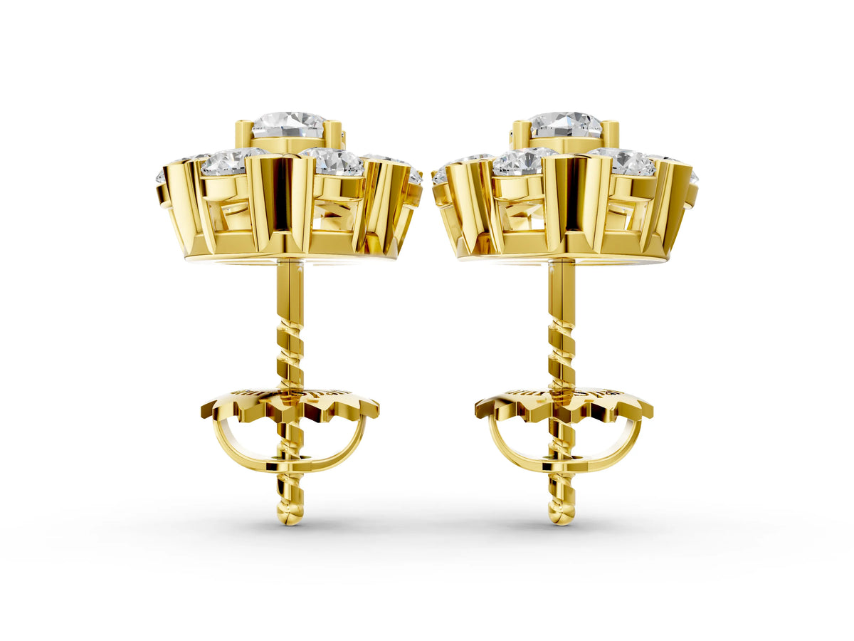 Yellow gold Round Cluster Diamond Stud Earrings with Prong Setting