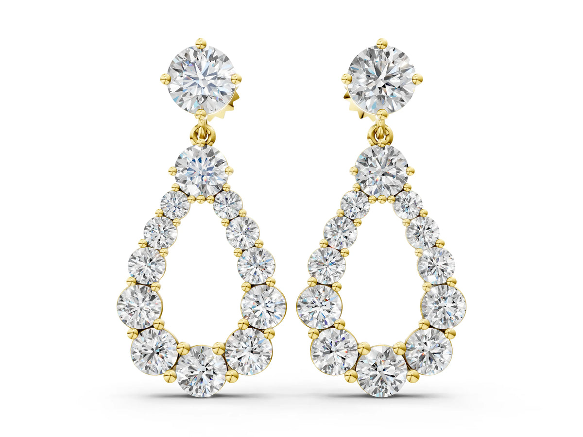 Yellow gold Round Cut Diamond Graduated Shared Prong Drop Earrings