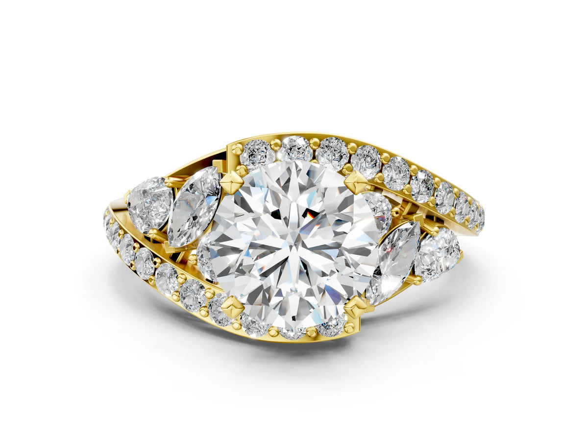 Yellow gold Round Cut Diamond Halo Ring with Marquise and Pavé Band in Prong Setting