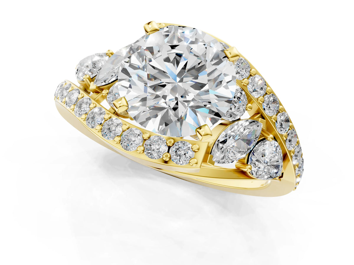 Yellow gold Round Cut Diamond Halo Ring with Marquise and Pavé Band in Prong Setting_1