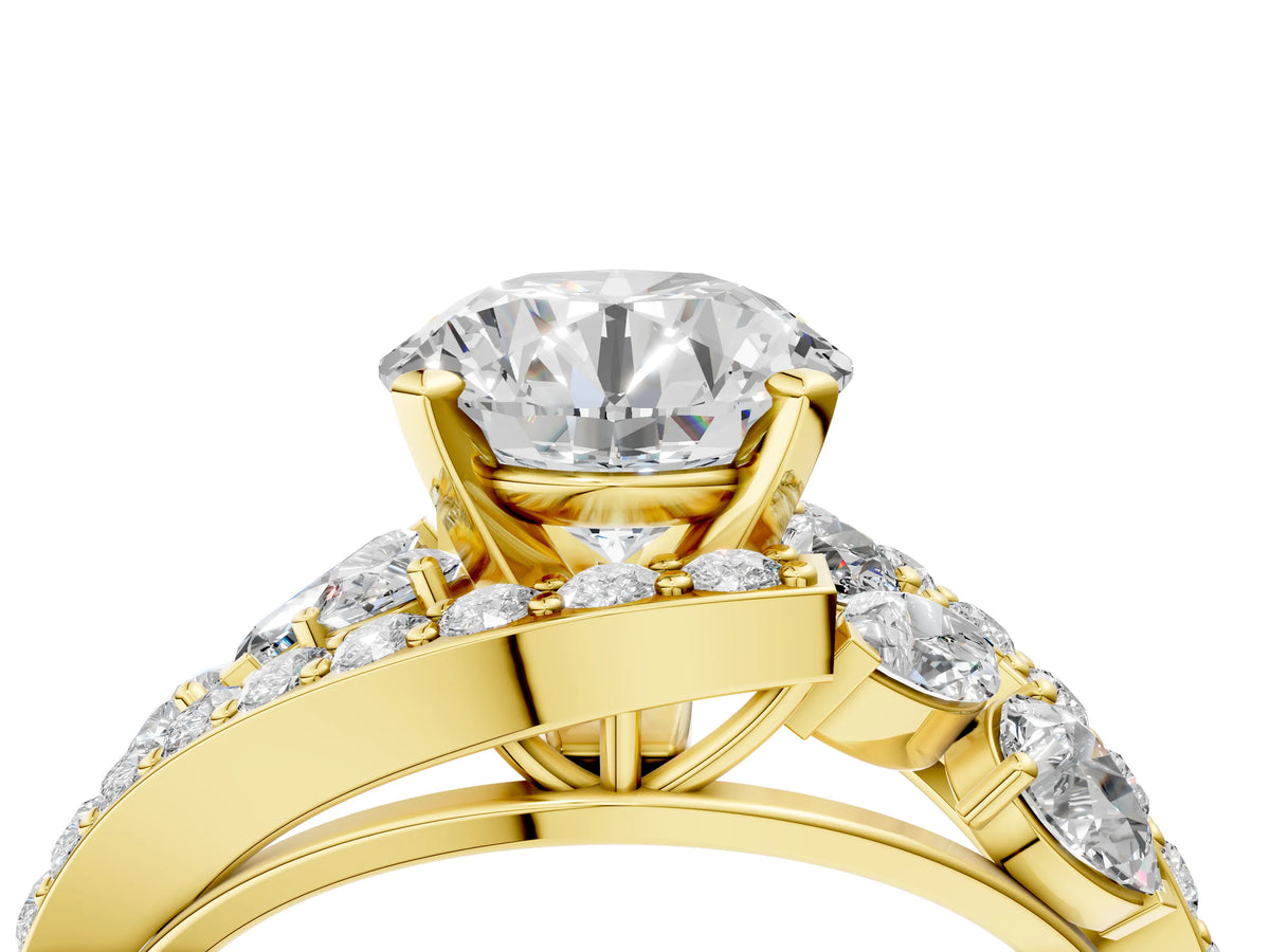 Yellow gold Round Cut Diamond Halo Ring with Marquise and Pavé Band in Prong Setting_4