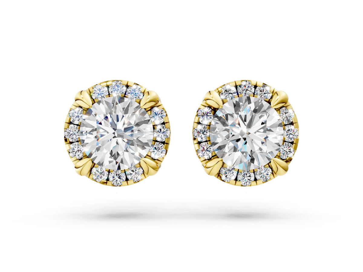 Yellow gold Round Cut Diamond Halo Stud Earrings with Pavé Accents