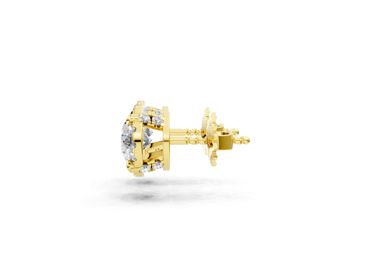 Yellow gold Round Cut Diamond Halo Stud Earrings with Pavé Accents_1
