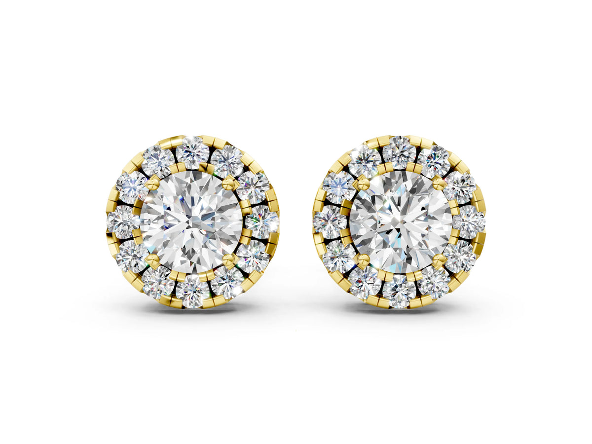 Yellow gold Round Cut Diamond Halo Stud Earrings