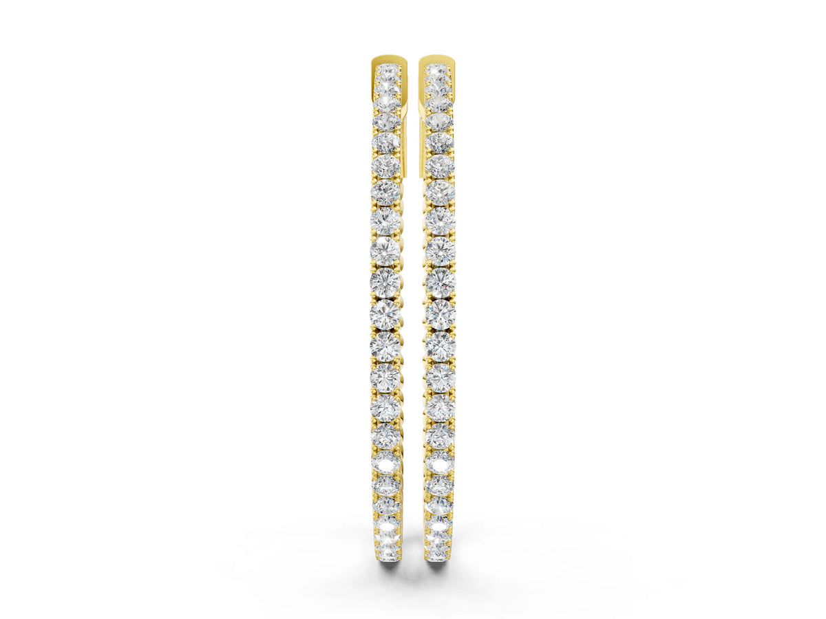 Yellow gold Round Cut Diamond Hoop Earrings with Pavé Setting and Prong Set Stones