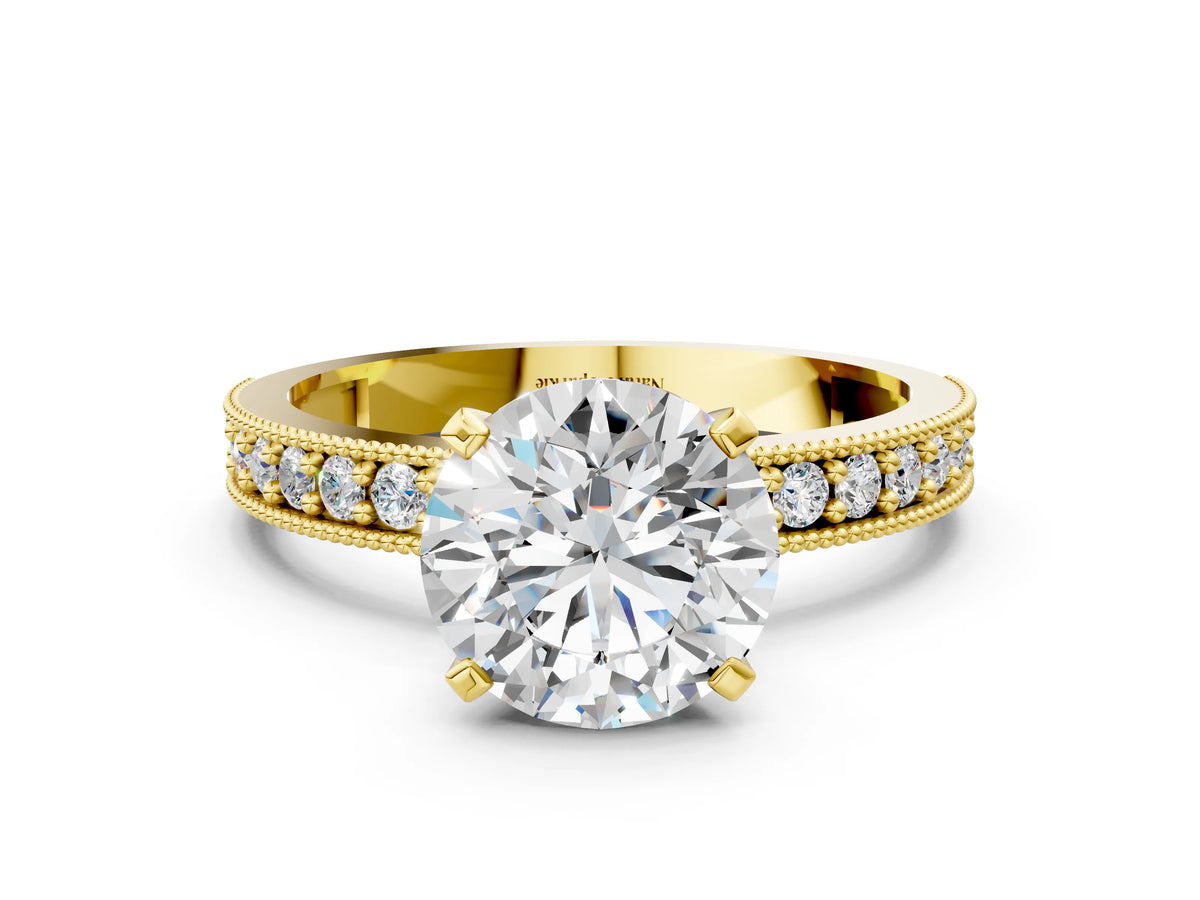Yellow gold Round Cut Diamond Milgrain Pavé Engagement Ring with Four-Prong Setting