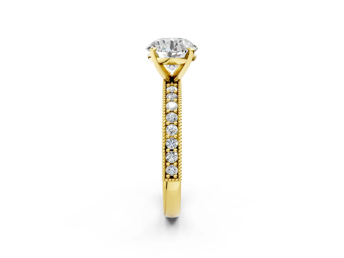 Yellow gold Round Cut Diamond Milgrain Pavé Engagement Ring with Four-Prong Setting_2