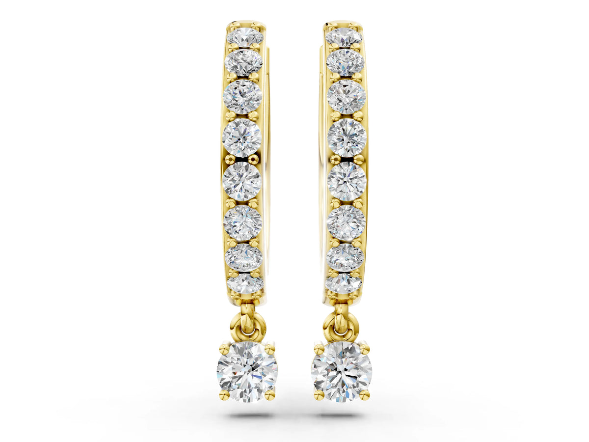Yellow gold Round Cut Diamond Pavé Hoop Earrings with Drop Accent