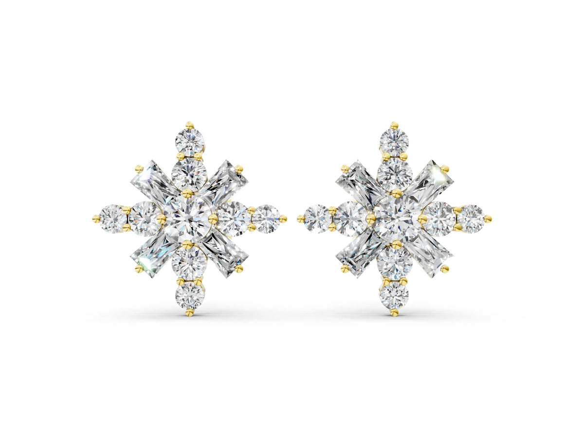Yellow gold Round Cut Diamond Snowflake Cluster Stud Earrings