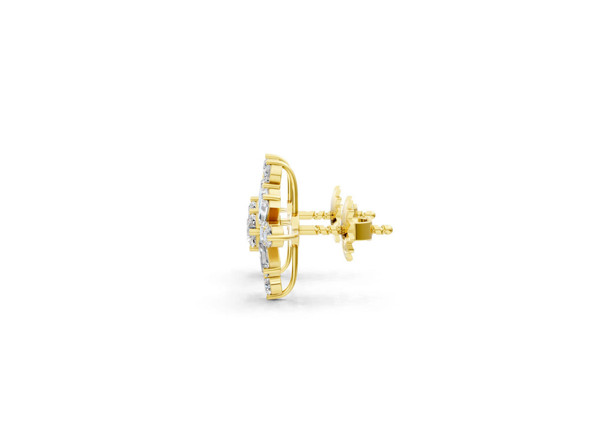 Yellow gold Round Cut Diamond Snowflake Cluster Stud Earrings_1
