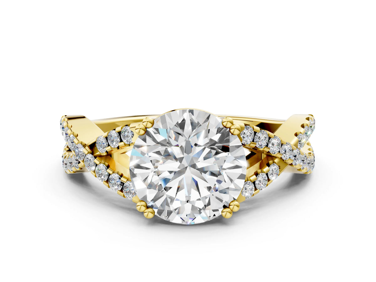 Yellow gold Round Cut Diamond Solitaire Ring with Four-Prong Setting and Twisted Pavé Band