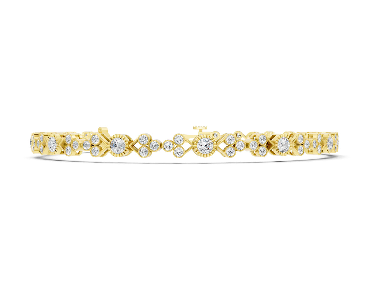 Yellow gold Round Cut Diamond Tennis Bracelet with Bezel Setting and Milgrain Band