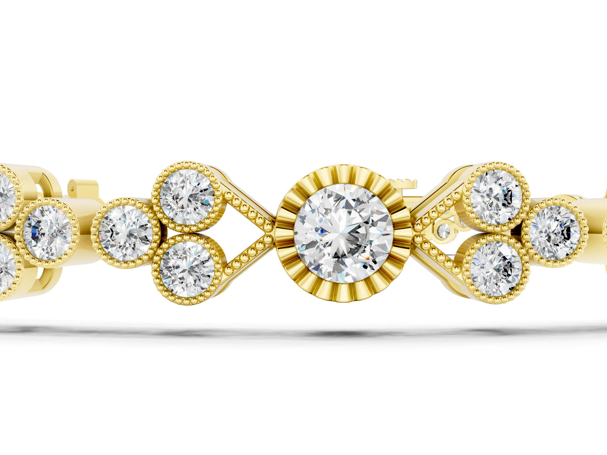 Yellow gold Round Cut Diamond Tennis Bracelet with Bezel Setting and Milgrain Band_1