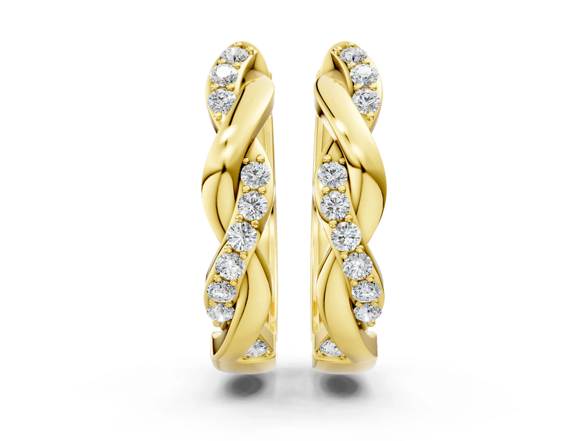 Yellow gold Round Cut Diamond Twisted Pavé Hoop Earrings