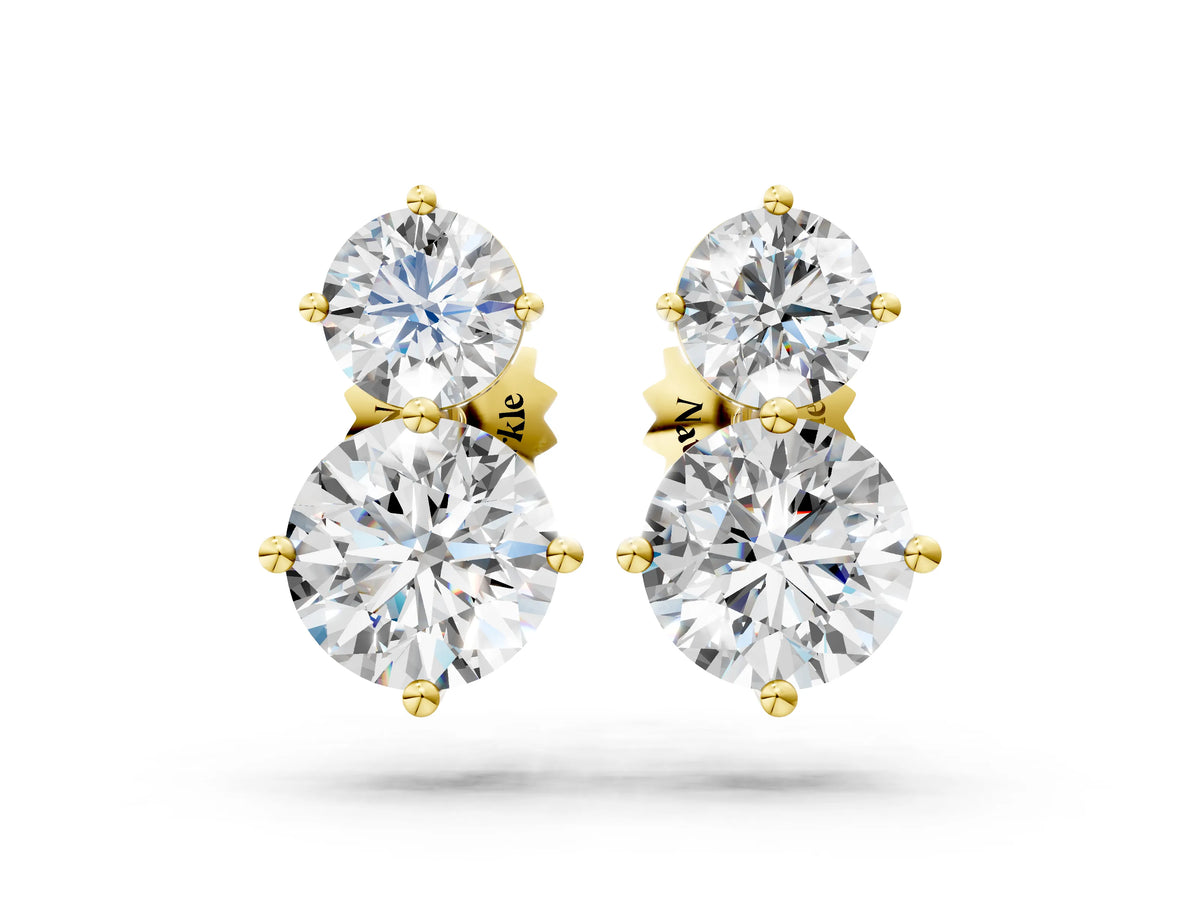 Yellow gold Round Cut Diamond Two Stone Stud Earrings