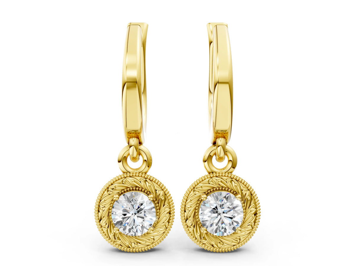 Yellow gold Round Cut Milgrain Bezel Set Leverback Earrings