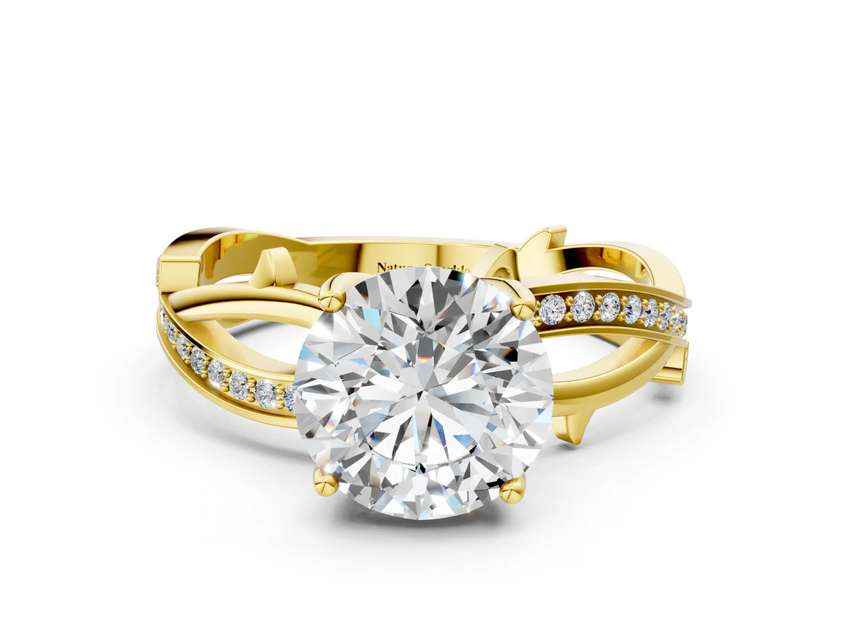 Yellow gold Round Cut Solitaire Twist Band with Pavé Accents and Four-Prong Setting