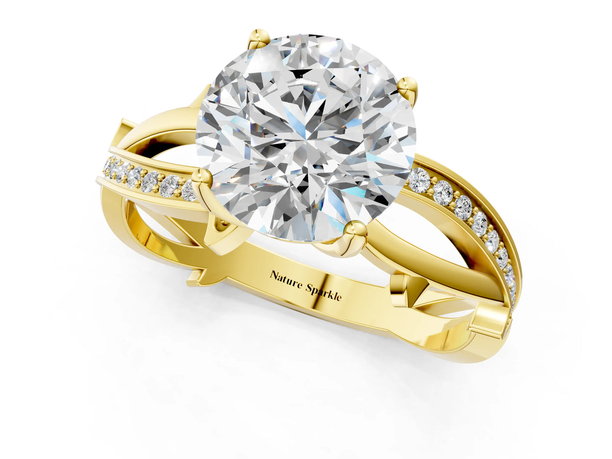 Yellow gold Round Cut Solitaire Twist Band with Pavé Accents and Four-Prong Setting_1