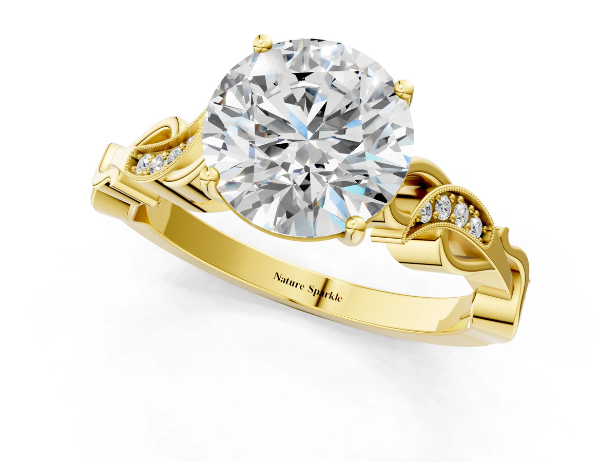 Yellow gold Round Cut Solitaire Vine Band with Milgrain Prong Setting_1