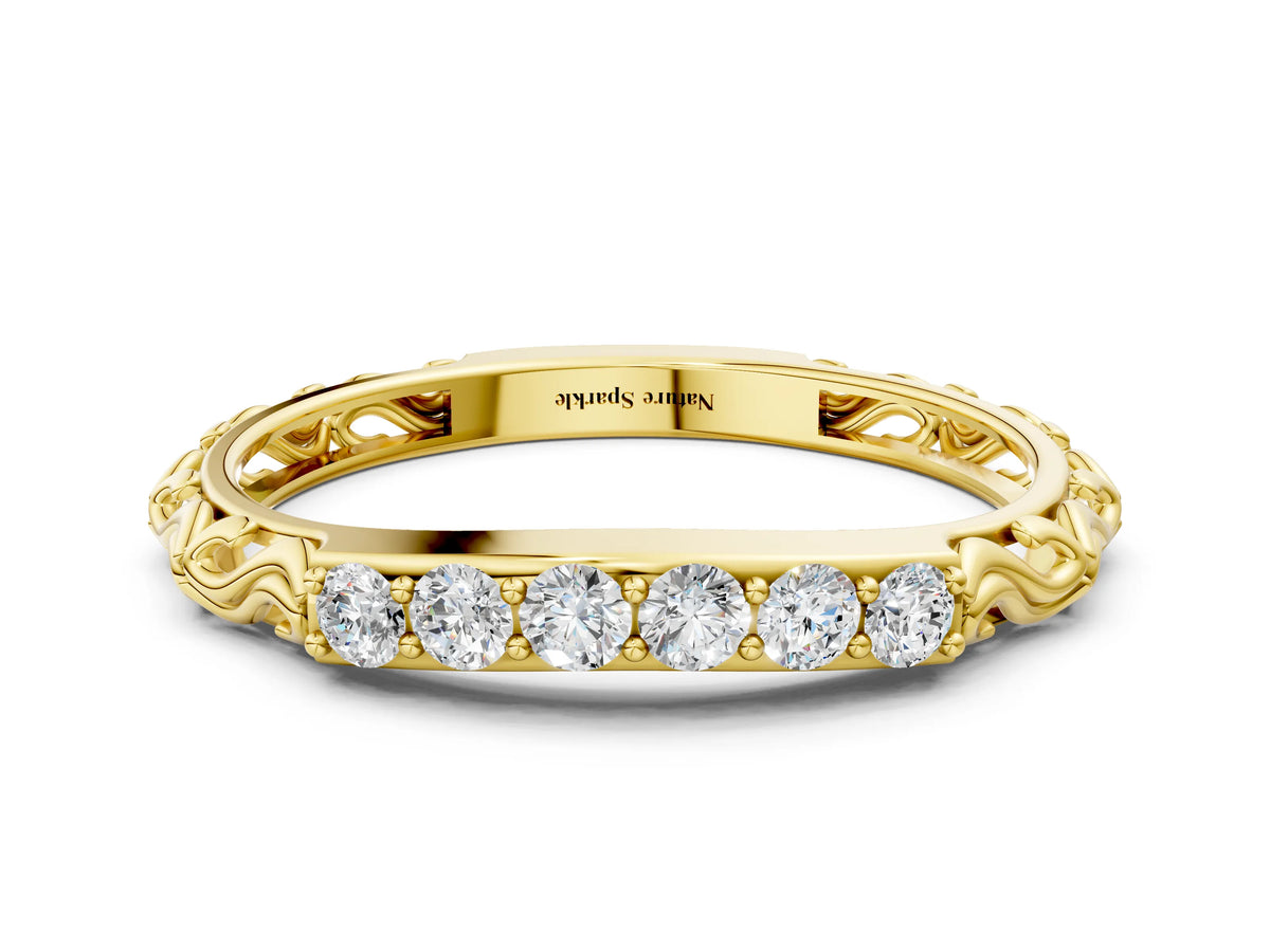Yellow gold Round Diamond Bar Set Eternity Band with Filigree Design