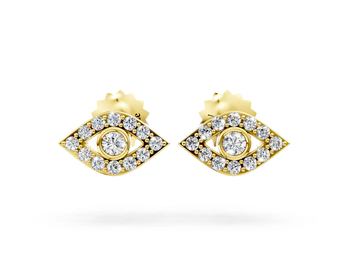 Yellow gold Round Diamond Bezel Center Evil Eye Stud Earrings