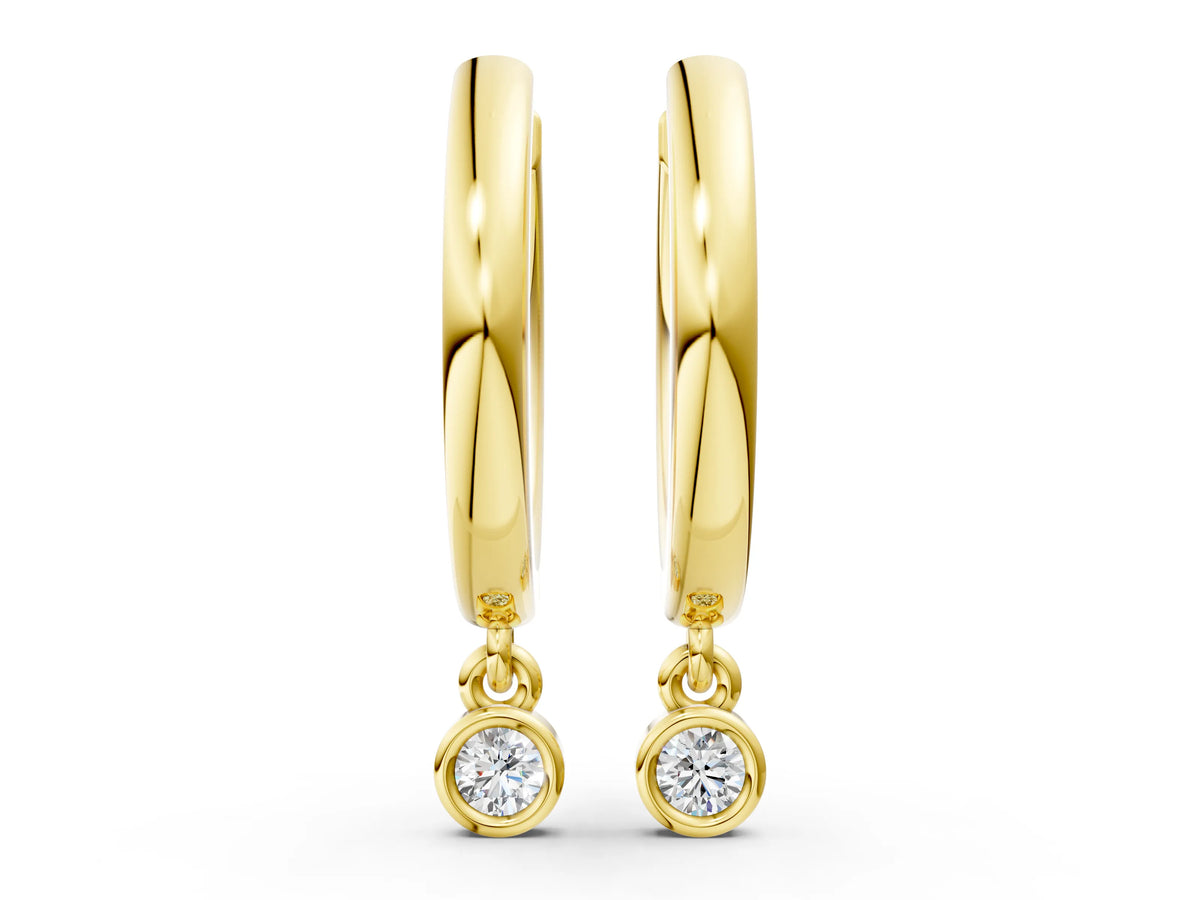 Yellow gold Round Diamond Bezel Drop Huggie Hoop Earrings