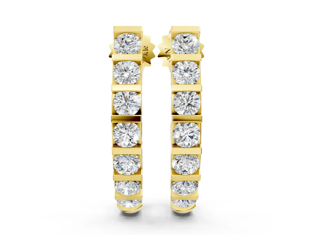 Yellow gold Round Diamond Channel-Set Hoop Earrings with Bar Prong Setting