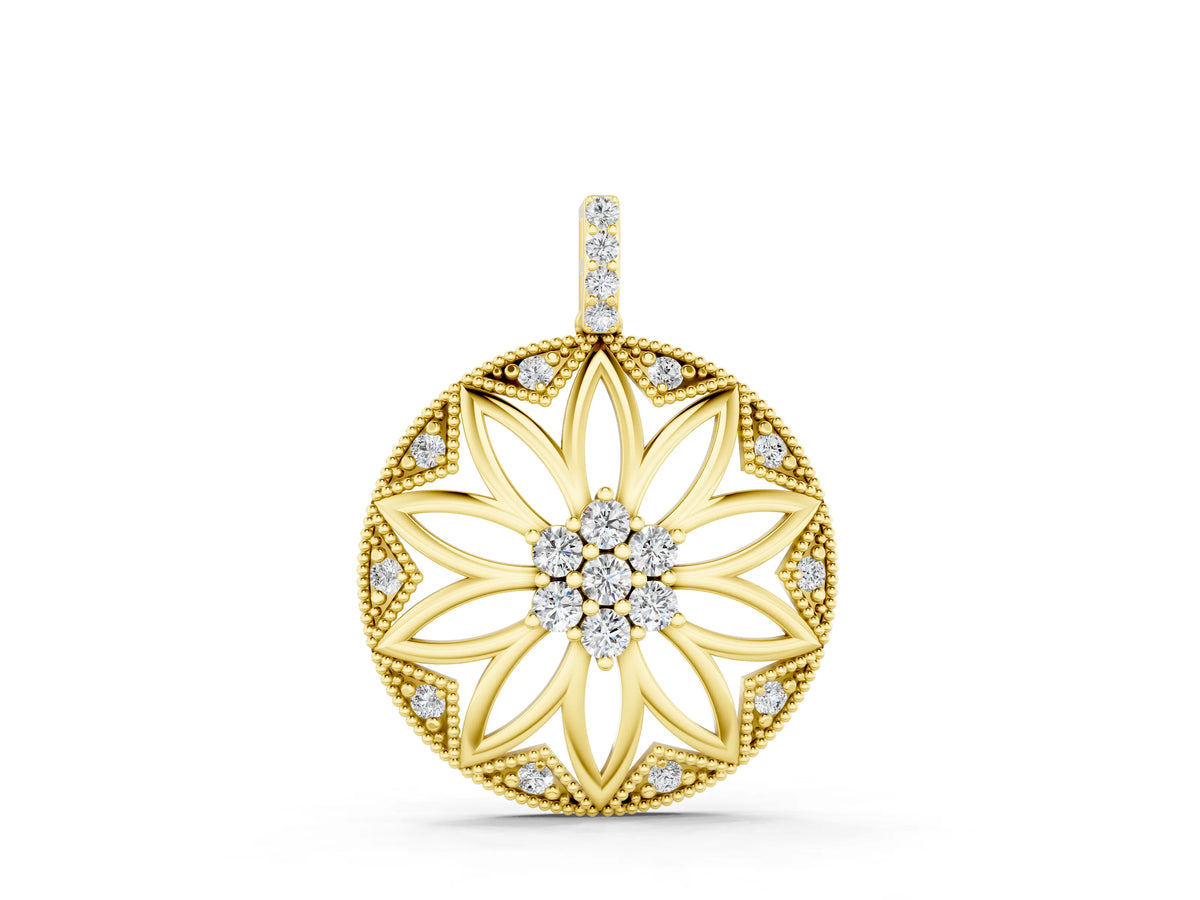 Yellow gold Round Diamond Cluster Flower Pendant