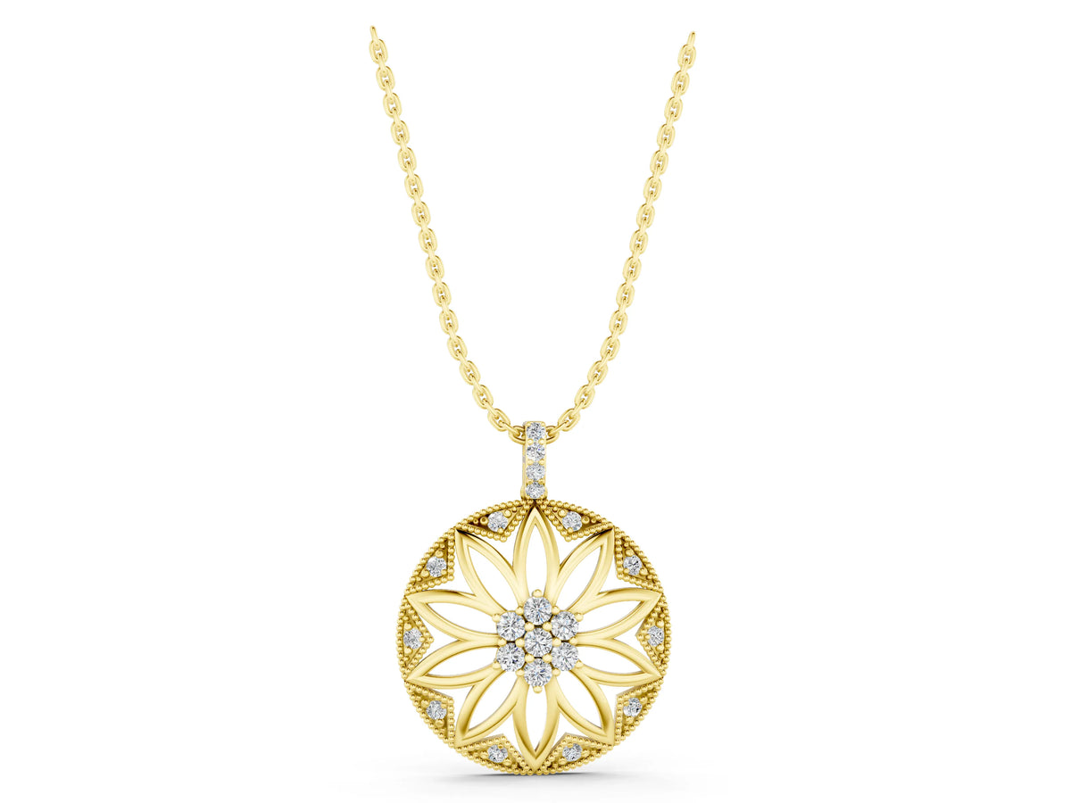 Yellow gold Round Diamond Cluster Flower Pendant_1