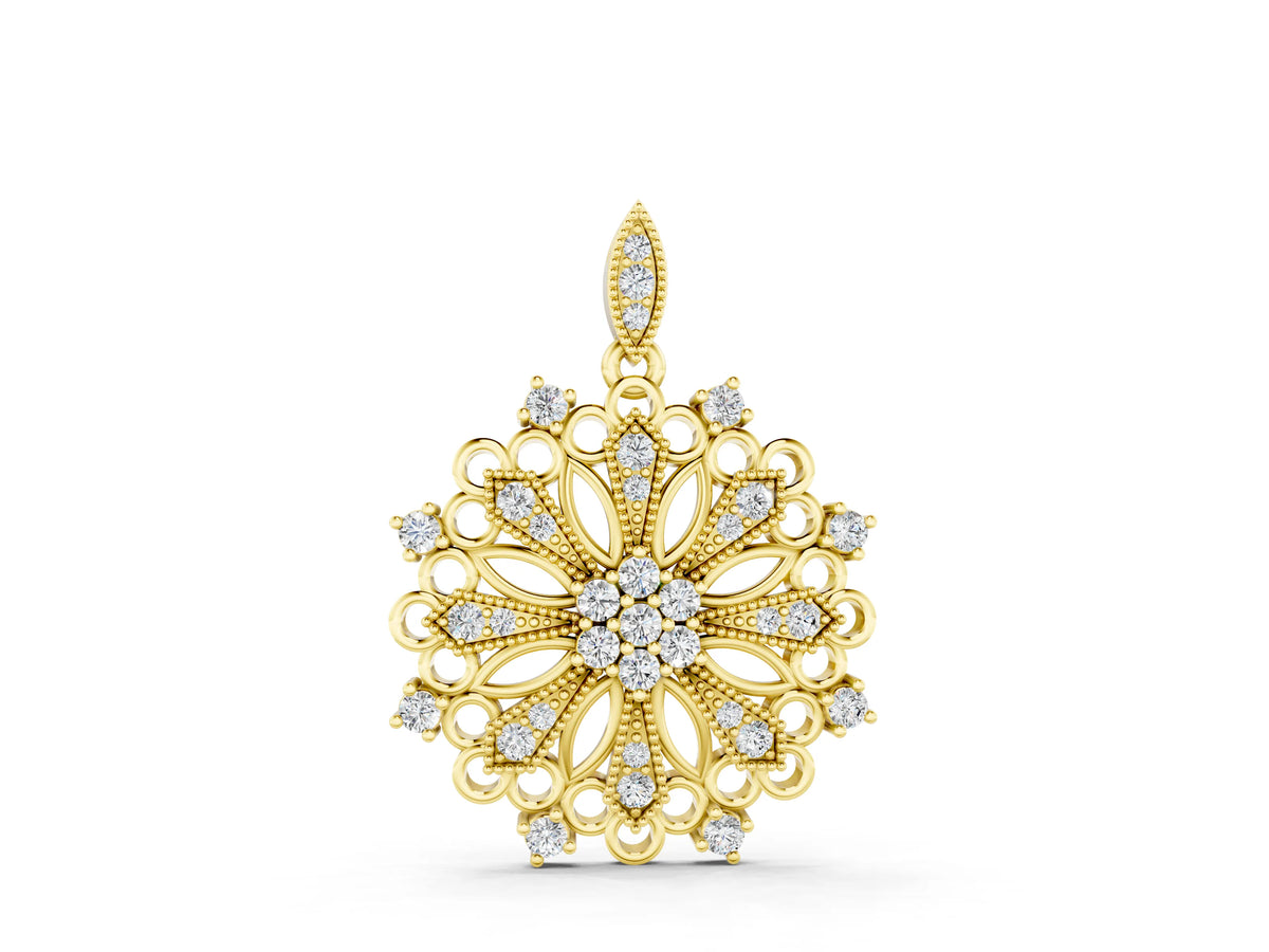 Yellow gold Round Diamond Cluster Milgrain Pendant