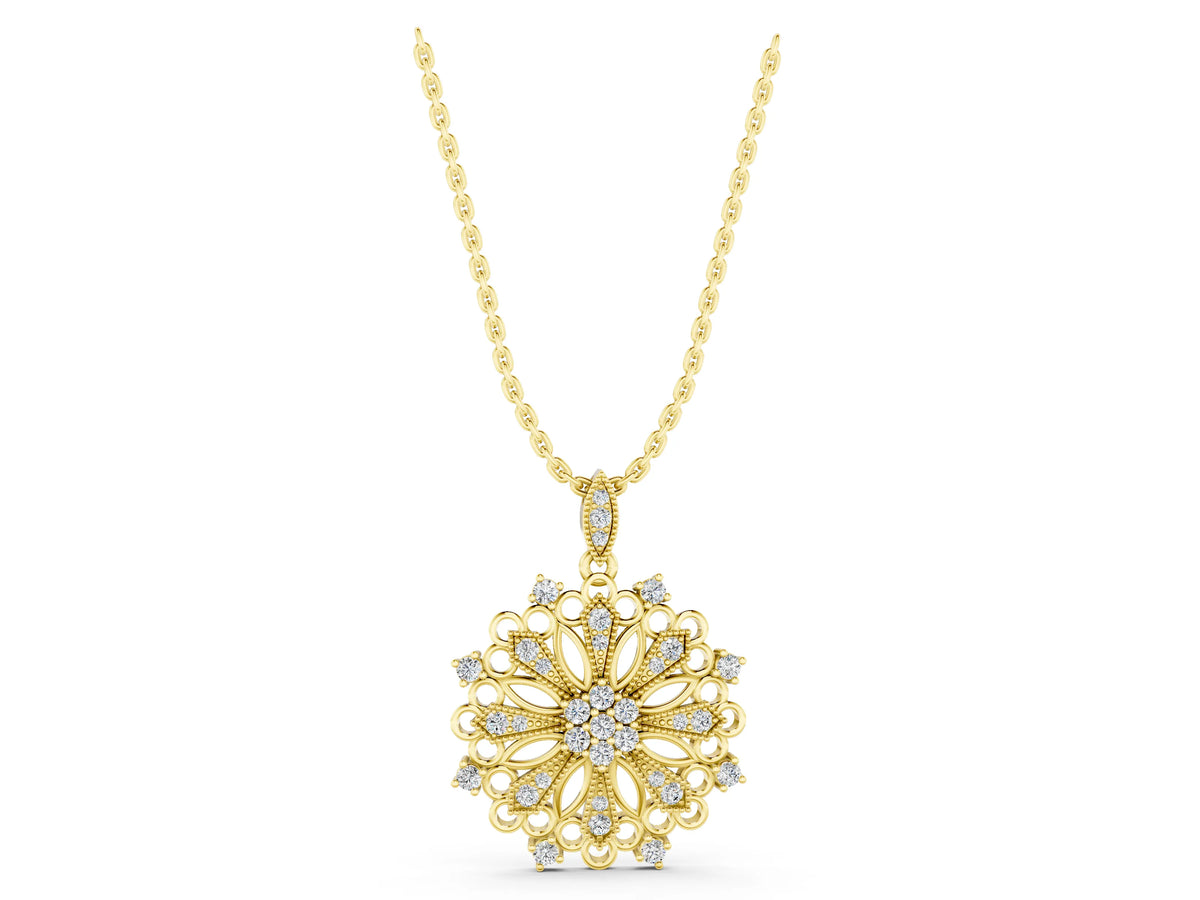 Yellow gold Round Diamond Cluster Milgrain Pendant_1