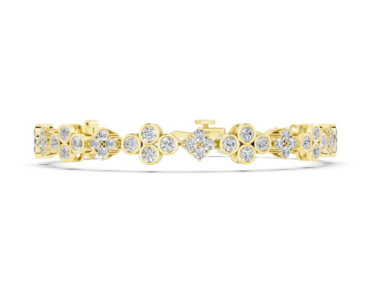 Yellow gold Round Diamond Cluster Tennis Bracelet with Bezel Setting and Four-Prong Clasp