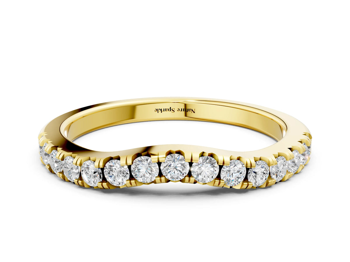 Yellow gold Round Diamond Curved Pavé Wedding Band with Shared Prong Setting