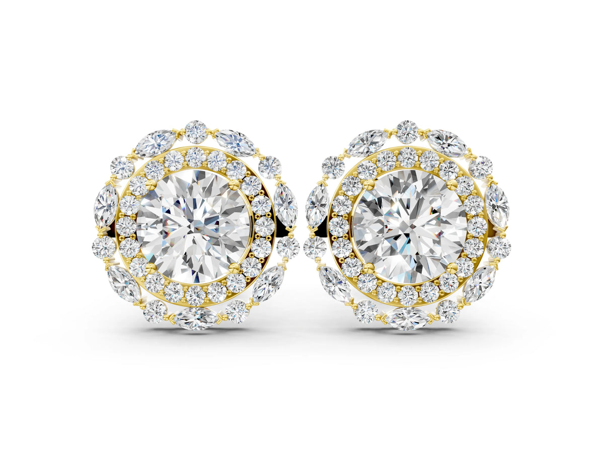 Yellow gold Round Diamond Double Halo Stud Earrings with Prong Setting