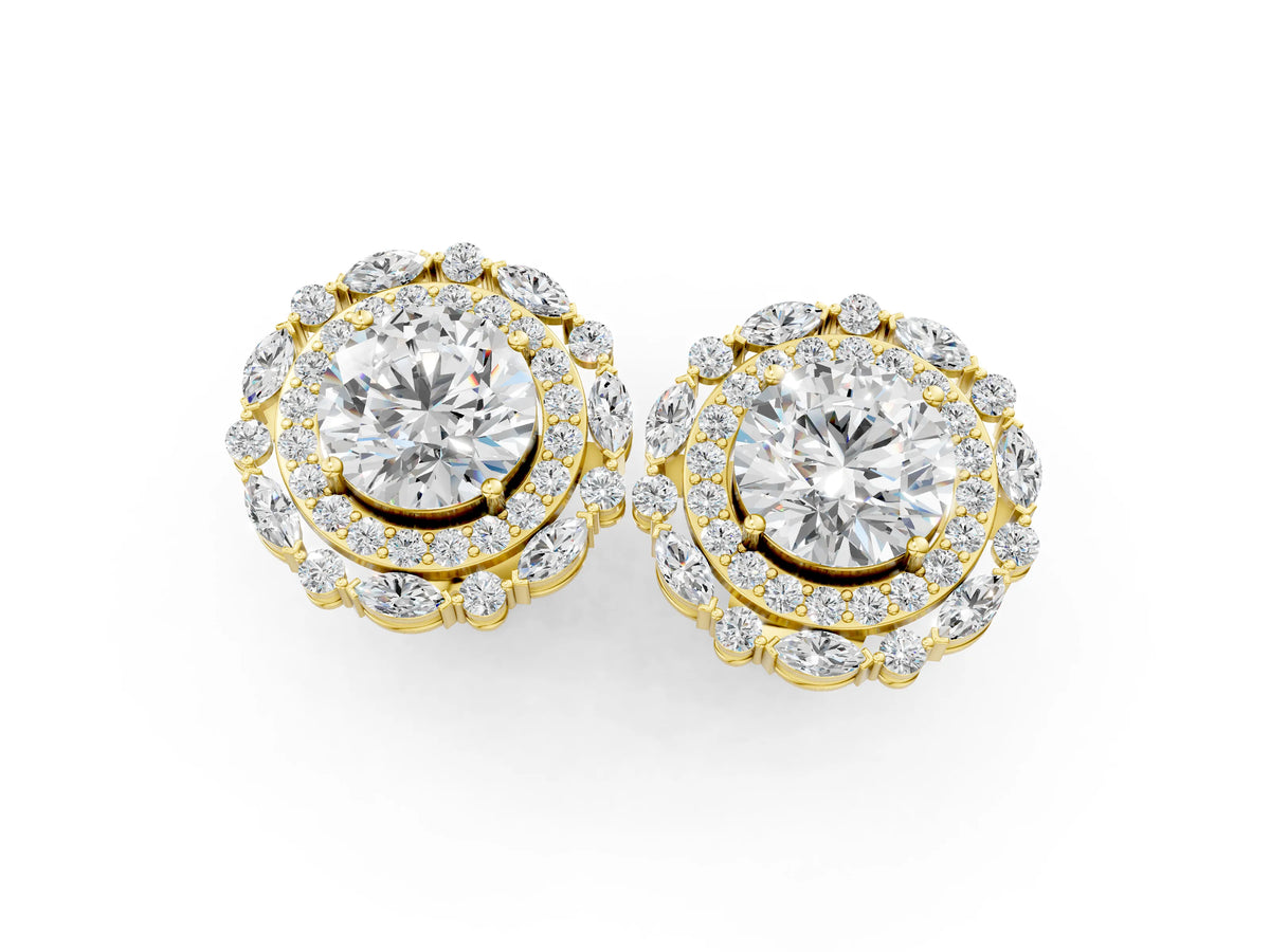 Yellow gold Round Diamond Double Halo Stud Earrings with Prong Setting_1