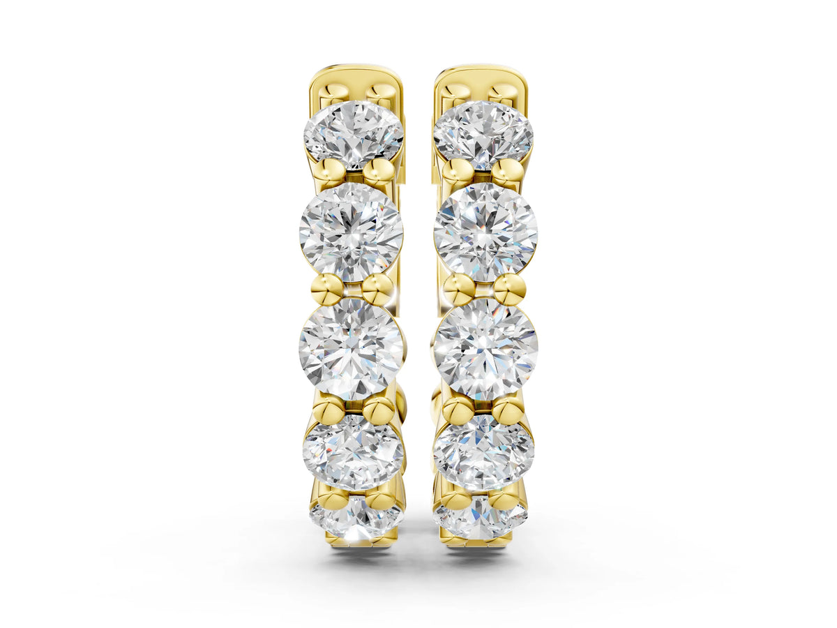 Yellow gold Round Diamond Eternity Hoop Earrings with Scalloped Band and Four-Prong Setting