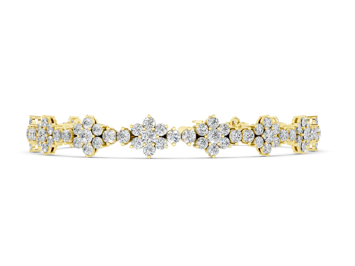 Yellow gold Round Diamond Floral Cluster Tennis Bracelet with Prong Setting