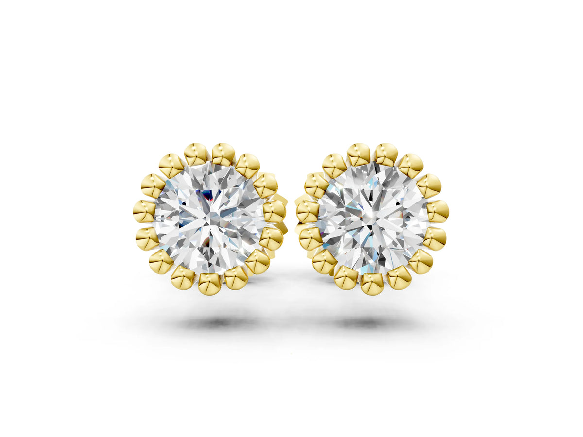 Yellow gold Round Diamond Flower Halo Stud Earrings with Petal Prong Setting