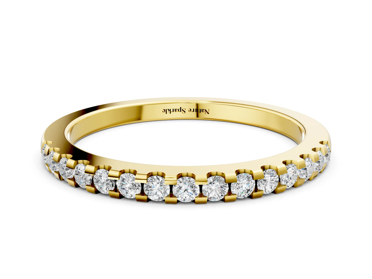 Yellow gold Round Diamond Half Eternity Band with Pavé Setting and Shared Prong