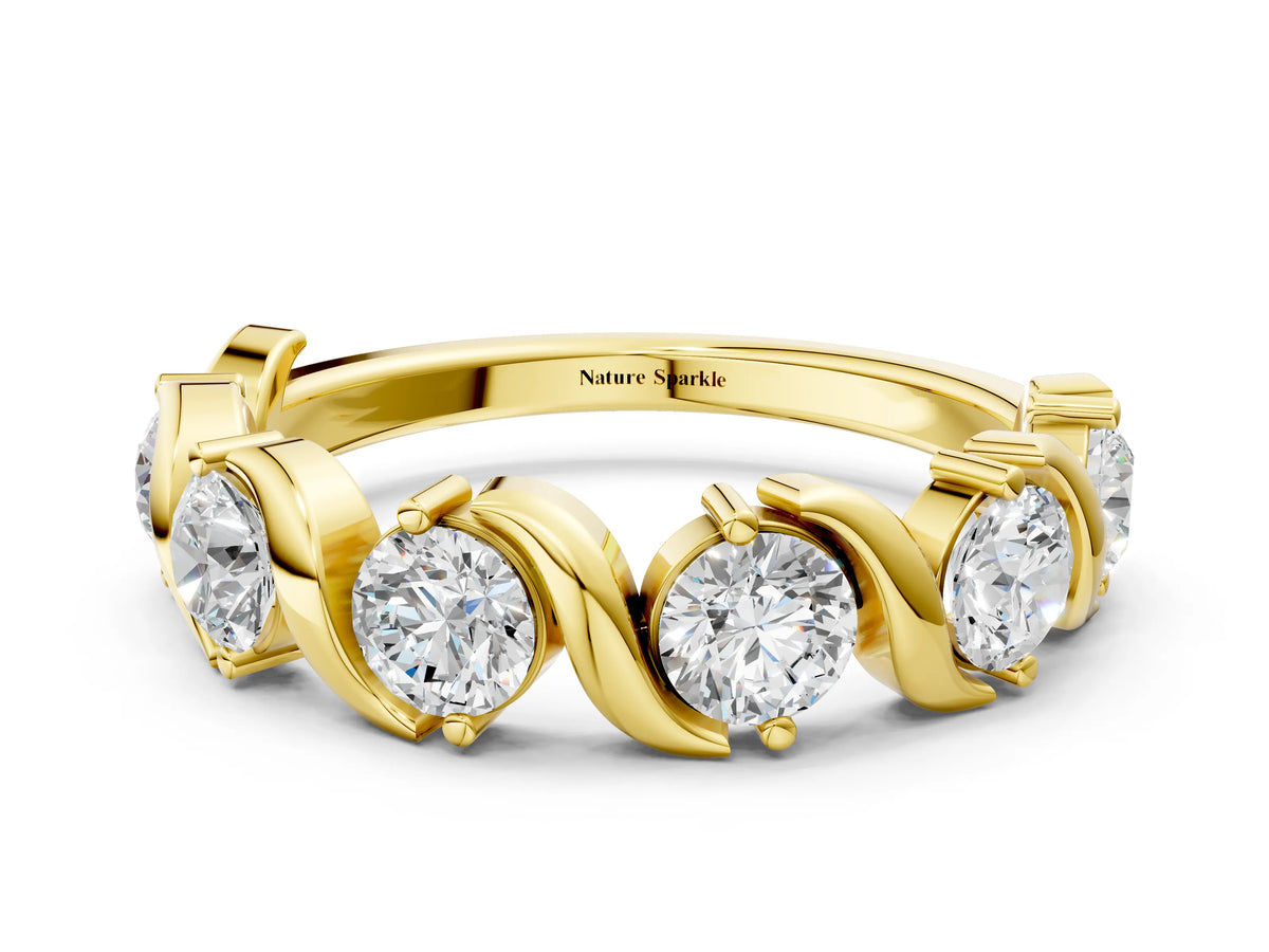 Yellow gold Round Diamond Half Eternity Band with Wave Prong Setting