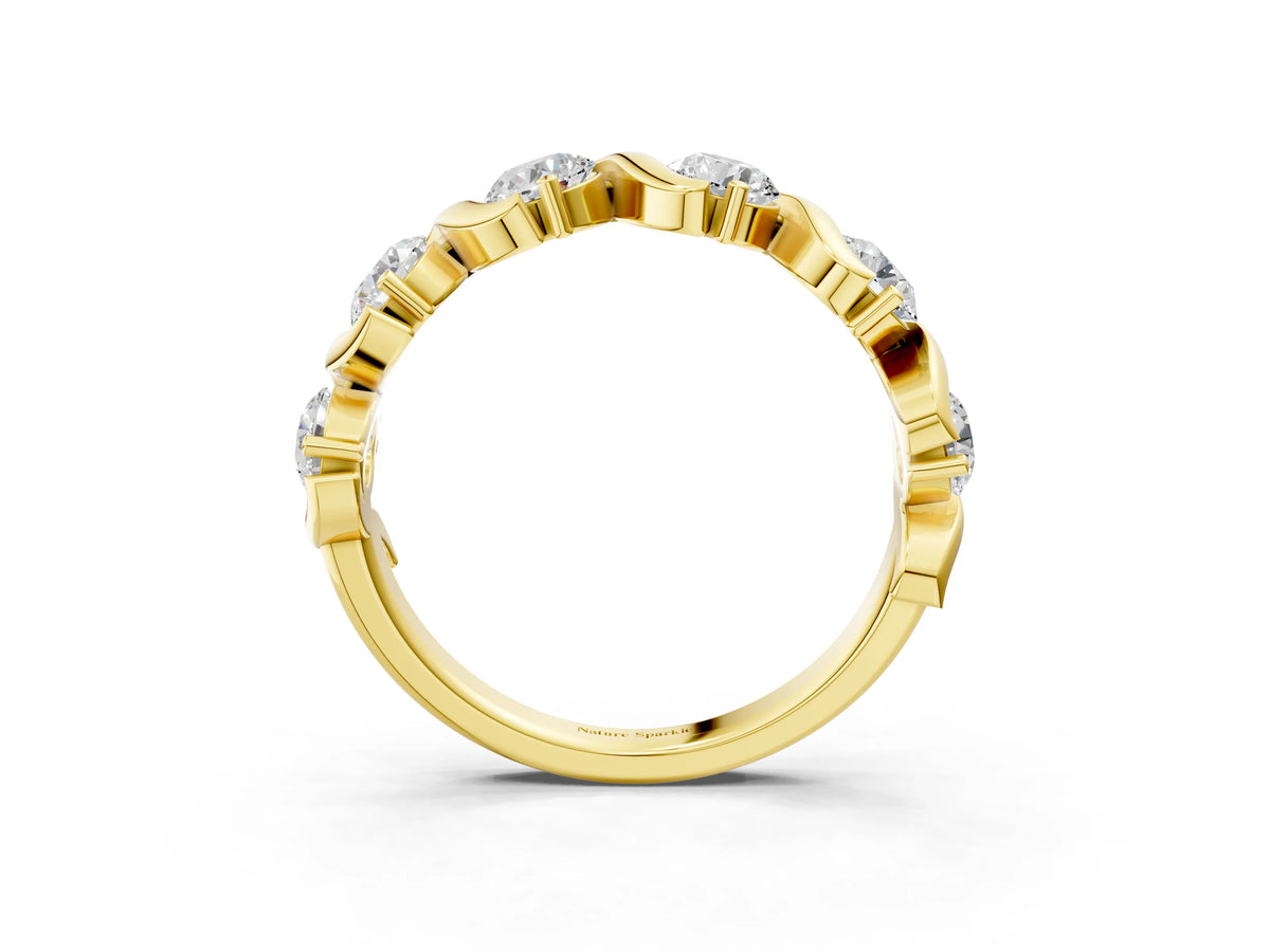 Yellow gold Round Diamond Half Eternity Band with Wave Prong Setting_3