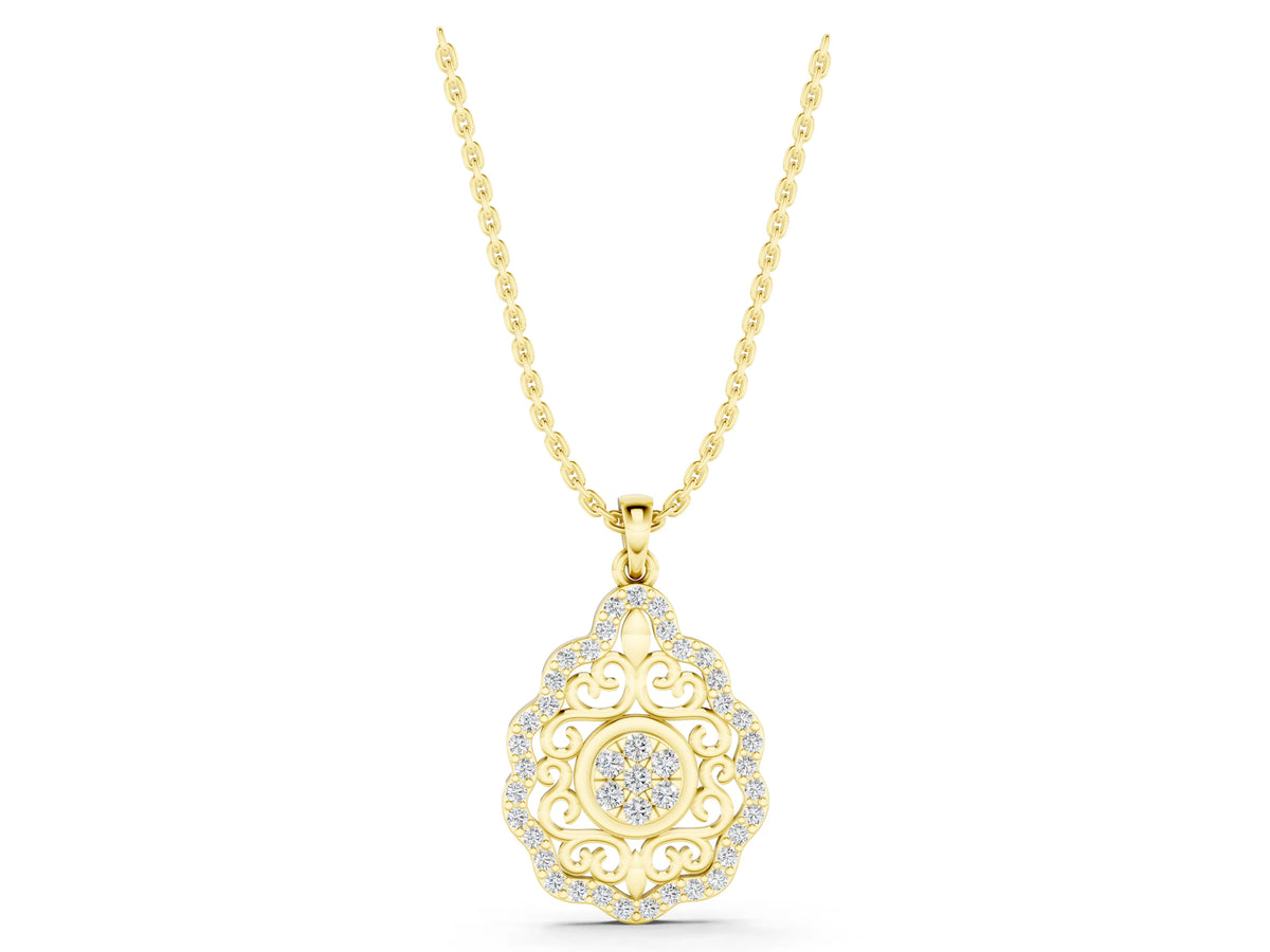 Yellow gold Round Diamond Halo Pendant with Filigree Design_1