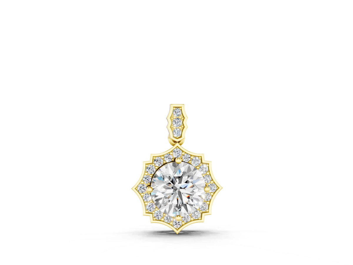 Yellow gold Round Diamond Halo Pendant with Milgrain Prong Setting